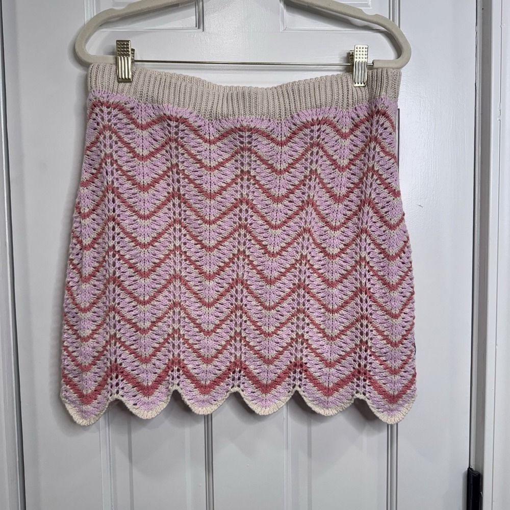 Freshman 1996 Crochet Knit Chevron Mini Skirt Pink Cream Lined Womens Large